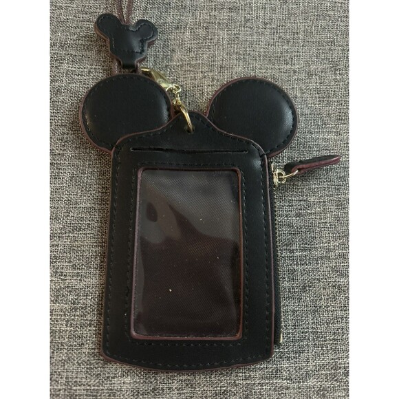 Happy Dream Mickey Mouse Lanyard Leather Black Gold Ears Card Money Coin Holder - Picture 2 of 4
